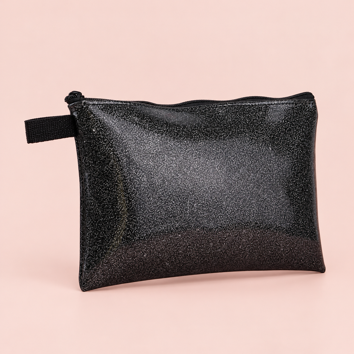 Large Black Sparkle Pouch on a blush studio background
