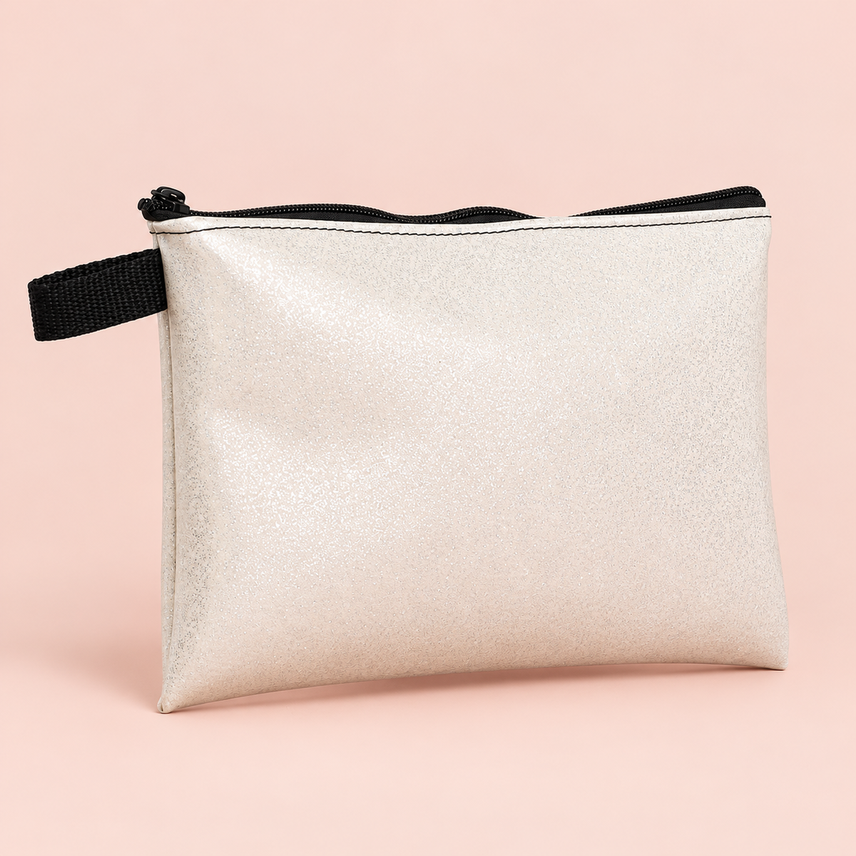 Large White Sparkle Pouch on a blush studio background