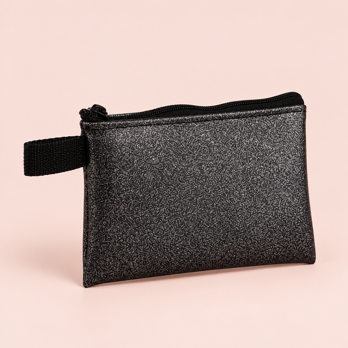 Small Black Sparkle Pouch on a blush studio background